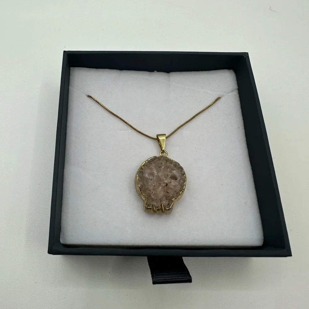 Druzy Amethyst Skull Pendant on Stainless Steel Snake Chain
